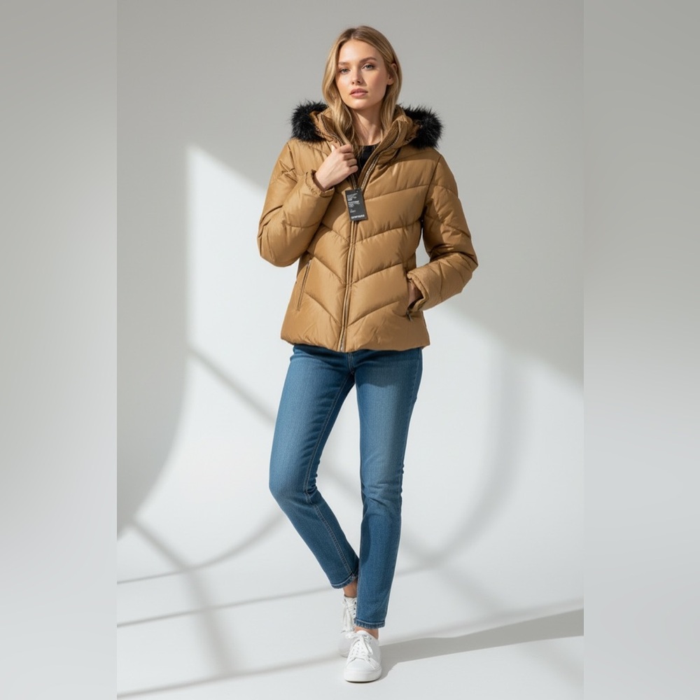 Express down filled fur trim hood iridescent Puffer Jacket S